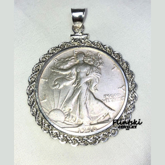 Walking Liberty Half Dollar Rope Coin Pendant Sterling Silver